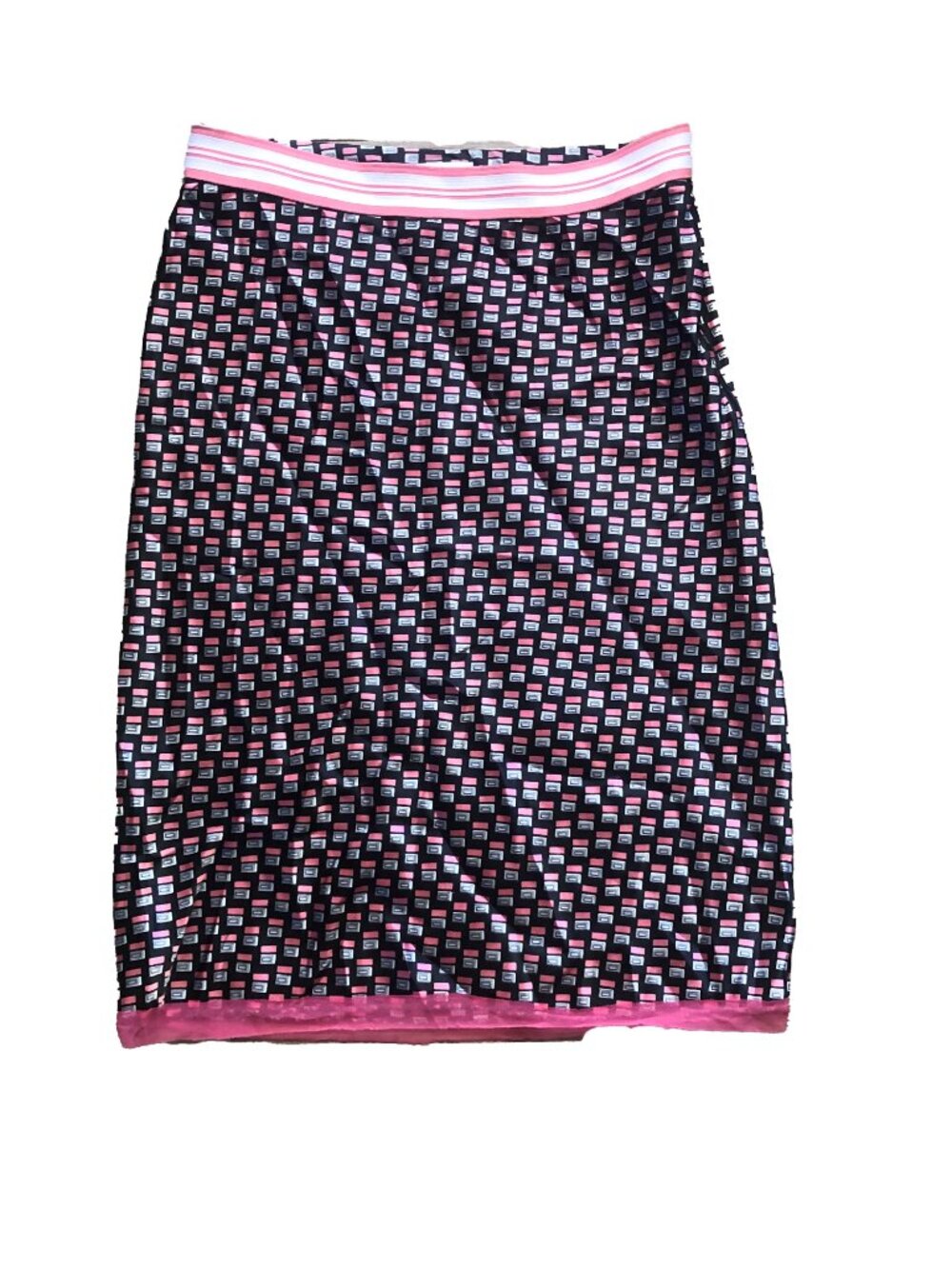 Vintage Wet Seal Y2K Geometric Print Midi Skirt with Pink Mesh Trim